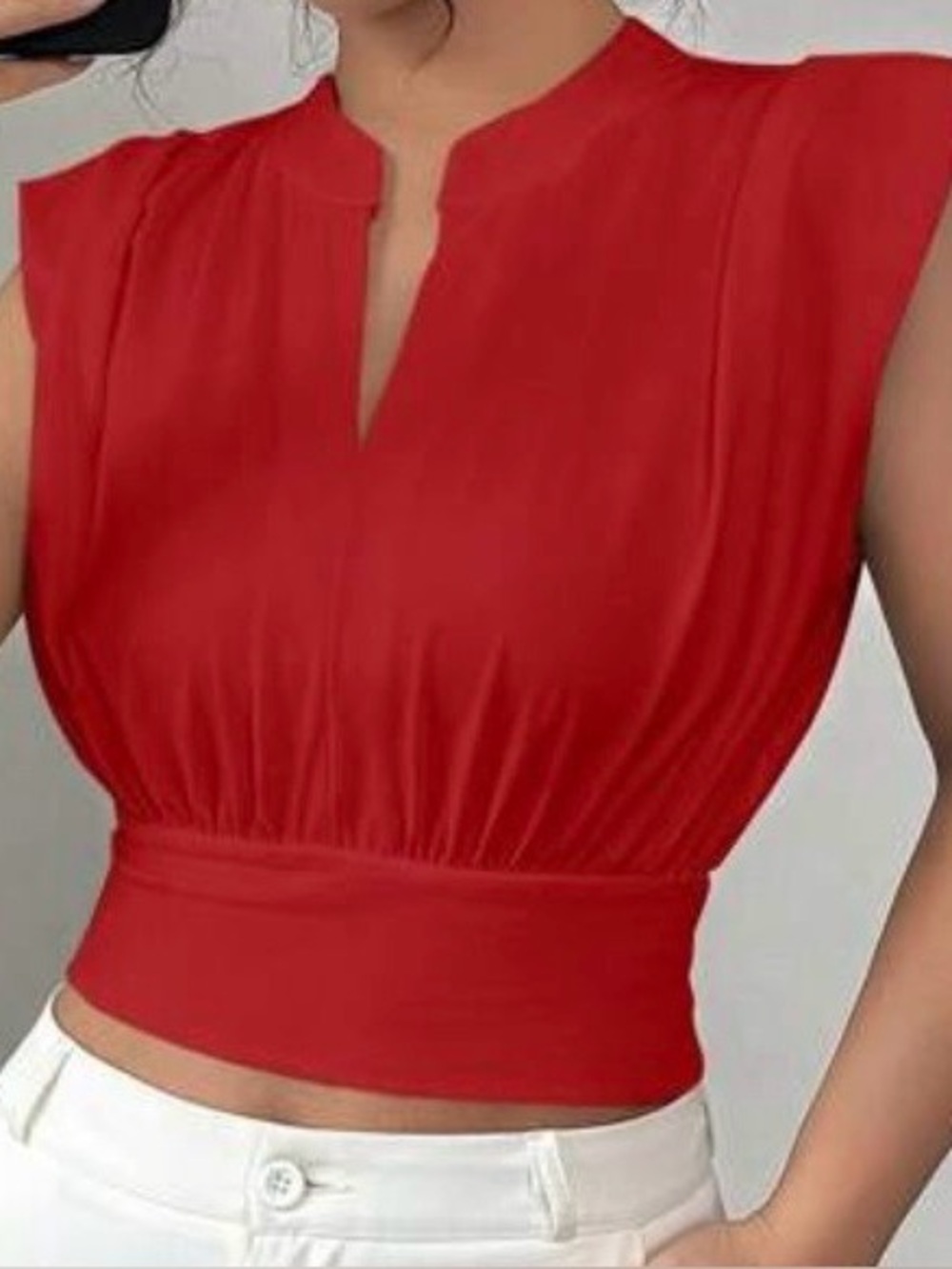 Red Sleeveless V-Neck Waistband Top